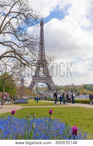 Paris, France - April 9, 2019: Eifel Tower Seen From A Different Angle, Paris, France