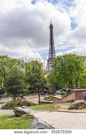 Paris, France - April 9, 2019: Eifel Tower Seen From A Different Angle, Paris, France