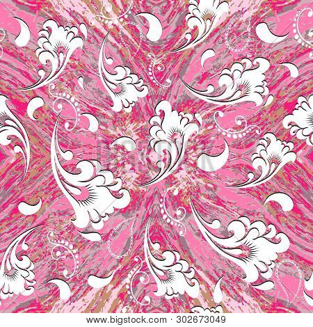 Vintage Beautiful Floral Paisley Vector Seamless Pattern. Marble Light Pink Ornamental Background. R