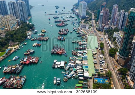Aberdeen, Hong Kong 12 May 2019: Top down view of Hong Kong typhoon shelter in aberdeen