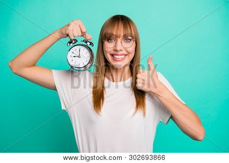 Close Up Photo Amazing Beautiful She Her Lady Hold Raise Arm Hand Metal Alarm Clock Hold Thumb Up Re