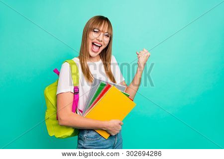 Close Up Photo Beautiful She Her Lady Yelling Bast Test Results Arms Hands School Colored Notebooks 