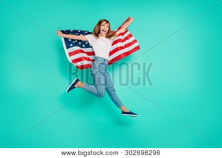 Full Length Side Profile Body Size Photo Beautiful She Her Lady Jump High Arms Hands Hold American F