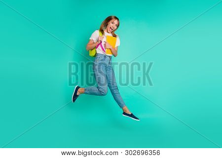 Full Length Side Profile Body Size Photo Beautiful She Her Lady Jump High Arms Hands Hold Back Pack 