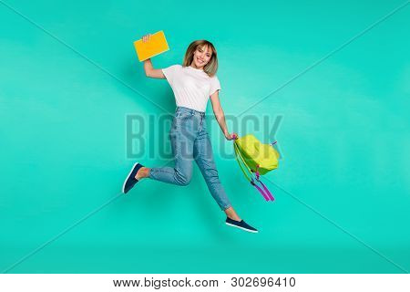 Full Length Side Profile Body Size Photo Beautiful She Her Lady Weekend Jump High Arms Hands Hold Ba