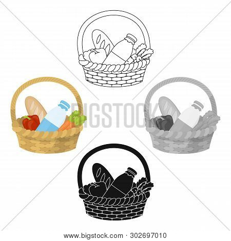 Basket With Products Icon In Cartoon, Black Style Isolated On White Background. Charity And Donation