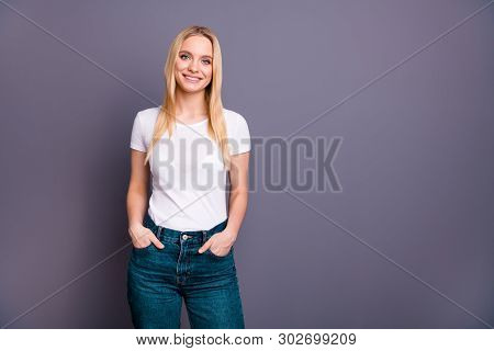 Portrait Of Charming Nice Sweet Frindly Lovely Youth People Place Hands Palms Pockets Free Time Enjo