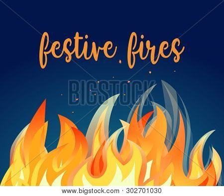 Midsummer Holiday Fire Festival Flat Poster. Bonfire Night. Colorful Cartoon Flame Sign. Burning Fla