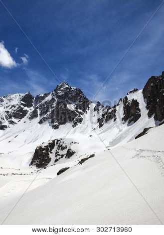 Snowy Sunlight Mountains And Cloudy Blue Sky In Sunny Spring Day. Turkey, Kachkar Mountains, Highest