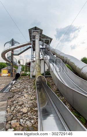 Loifling, Germany - 26 July, 2018: Steep Slide In Churpfalzpark Loifling, Rutschenparadies. Beautifu