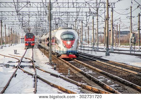 Russian High-speed Train. Sapsan Train. . Russia Metallostroy March 8, 2019