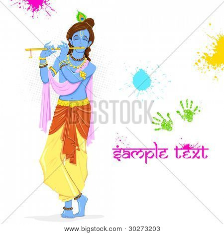 illustrazione di Krishna giocando holi con colori e pichkari
