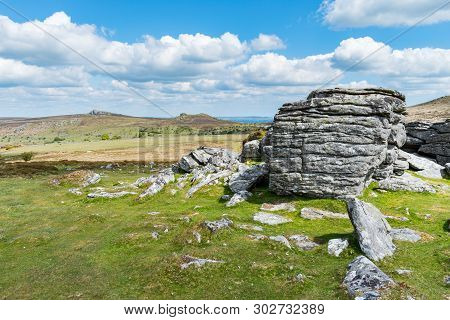 Closeup View Of The Granite Bedrock Outcrops At Top Tor, Dartmoor National Park, Devon, On A Bright 