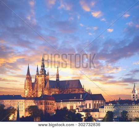 Close-up On Prague Castle At Sunset, Panoramic Imagewith Text Spaace. Prague, Czech Republic