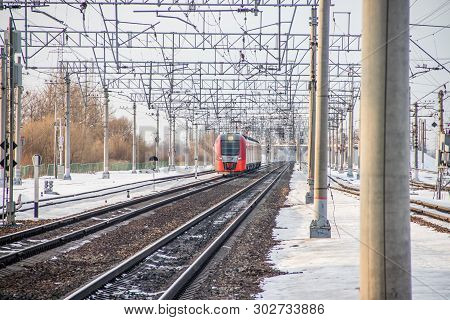 Russian Train Swallow. Passenger Train. . Russia Metallostroy March 8, 2019