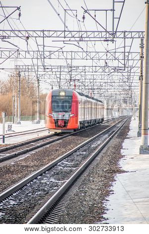 Russian Train Swallow. Passenger Train. . Russia Metallostroy March 8, 2019