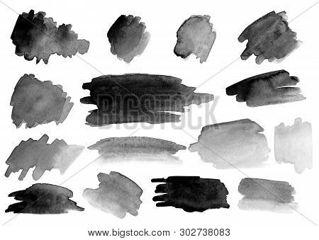 Many Watercolor Brush Strokes. Different Colors And Shapes. Set. Gradients. Black And White.