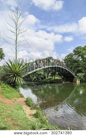 Sao Paulo Sp, Brazil - March 02, 2019: Arched Metal Bridge Above The Lake Of The Ibirapuera Park. Br