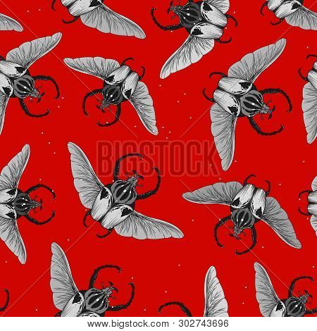 Seamless Pattern With Goliath Beetle. Vector Illustration