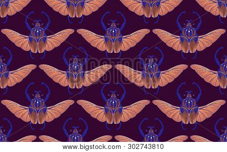 Seamless Pattern With Goliath Beetle. Vector Illustration