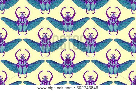 Seamless Pattern With Goliath Beetle. Vector Illustration