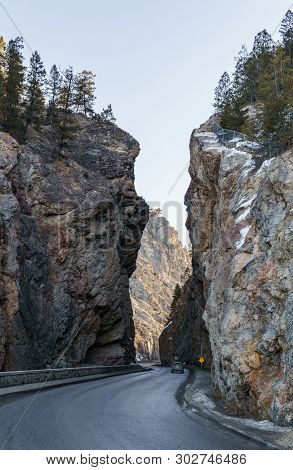 Radium Hot Springs, Canada - March 20, 2019: Highway Pass Through The Rocky Mountains Sinclair Canyo