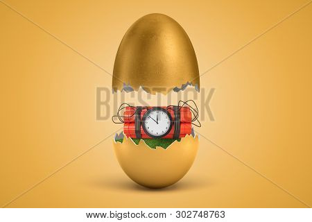 3d Rendering Of Gold Egg Cracked In Two, Upper Half Levitating In Air, Red Dynamite Bundle With Time