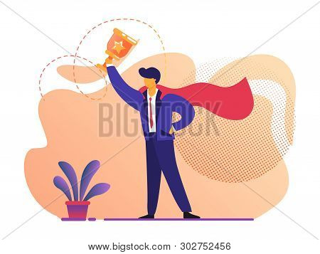 Business Success. Man In Superhero Red Cloak Holding Gold Goblet In Hand. Businessman As Super Hero 