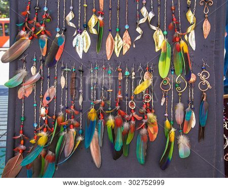 Colorful handmade dreamcatchers on the street market in Santiego , Chile.