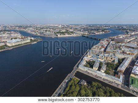 St. Petersburg From A Height. Palace District, Neva River, Bolshaya Nevka River. Aerial, Summer, Sun