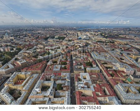 Panoramic View Of Saint Petersburg, Drone Photo, Summer Day. Sennoy District