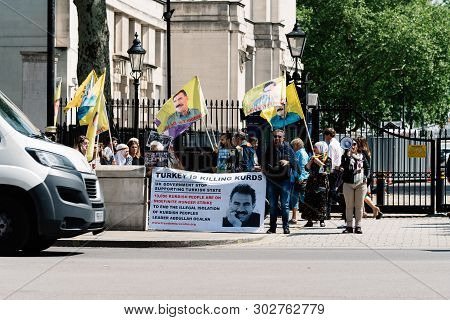 London, Uk - May 15, 2019:  Kurdish Demonstrators In Front Of Downing Street Gate Against British Su