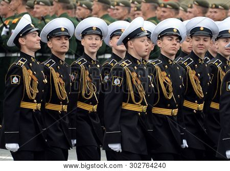 Moscow, Russia - May 9, 2019: Cadets Of The Kronstadt Naval Cadet Military Corps During The Parade O
