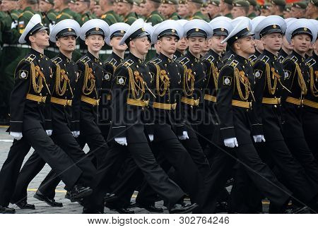 Moscow, Russia - May 9, 2019: Cadets Of The Kronstadt Naval Cadet Military Corps During The Parade O