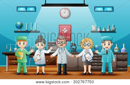 Doctors With Professional Chemists In The Laboratory Room