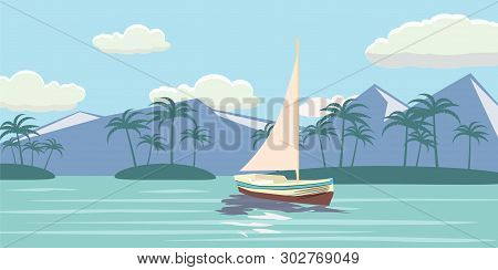 Tropical Paradise. Turquoise Ocean, Island, Palm Trees, Yacht, Illustration.