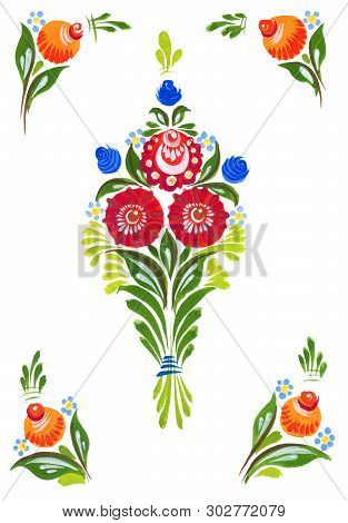 Traditional Painting In Russian Style - Gyrodec. Composition Frame Folk Painting Gorodec.