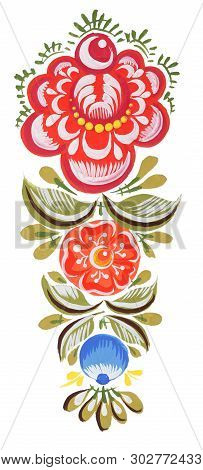 Traditional Painting In Russian Style Vertical Banner. Folk Painting Gorodec Divider Element.
