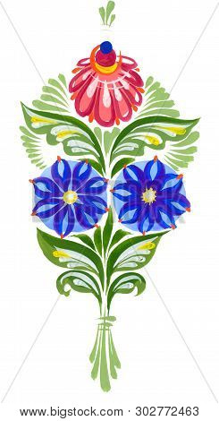 Painting In Russian Style - Big Floral Composition. Single Element Of Folk Painting Gorodec .