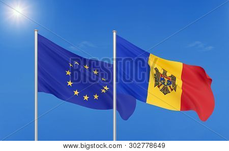 European Union Vs Moldavia. Thick Colored Silky Flags Of European Union And Moldavia