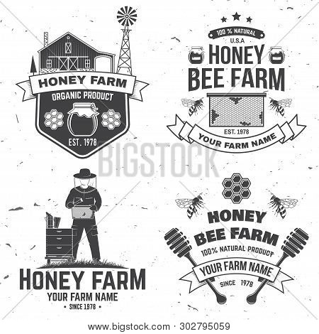 Set Of Honey Bee Farm Badge. Vector. Concept For Shirt, Print, Stamp Or Tee. Vintage Typography Desi