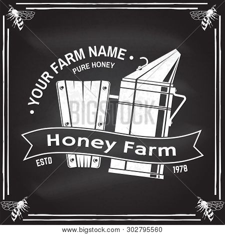 Honey Bee Farm Badge. Vector On The Chalkboard. Concept For Shirt, Print, Stamp Or Tee. Vintage Typo