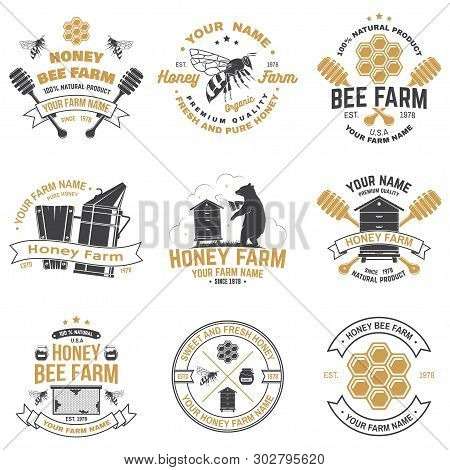 Set Of Honey Bee Farm Badge. Vector. Concept For Shirt, Print, Stamp Or Tee. Vintage Typography Desi