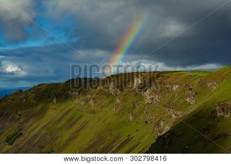 Rainbow Over Orongo Town In Easter Island