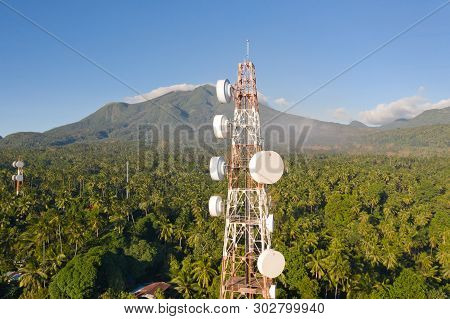 Telecommunication Tower, Communication Antenna On Camiguin Island, Philippines. Repeaters On A Metal