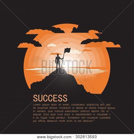 Succes Concept.silhouette Of Man Standin On Hill With Flag.copyspace.negative Space Illustration
