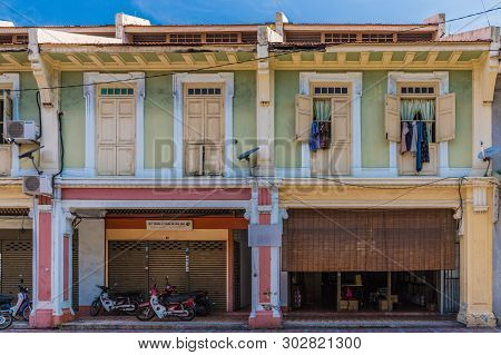 George Town, Penang Island, Malaysia. 8 March 2019. A View Of Traditional Chinese Shophouse Architec