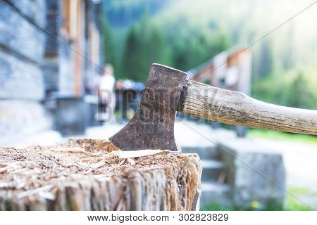 Getting Wood For Fire: Axe Attached To A Tree Trunk
