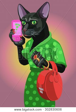 Cat Lady Talking On A Mobile Phone, She Is Confident, She Is Dressed In A Fashionable Dress She Has 