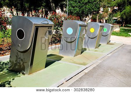 Recycling Industry. Modern Recycling Containers On The City. Refuse Bins In Traditional Europe City.